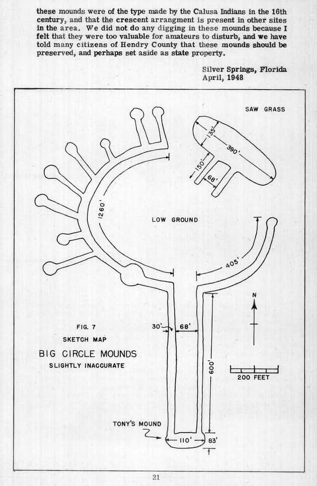 Reconstruction or view of the large circular Native American earthworks associated with Tony's Mound in Florida